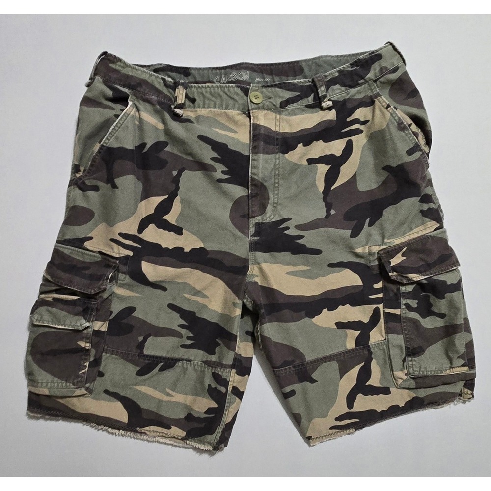 Carbon Jean Co Cargo Shorts‎ Mens 38 Green Camo Relaxed Raw Hem Distress Utility
